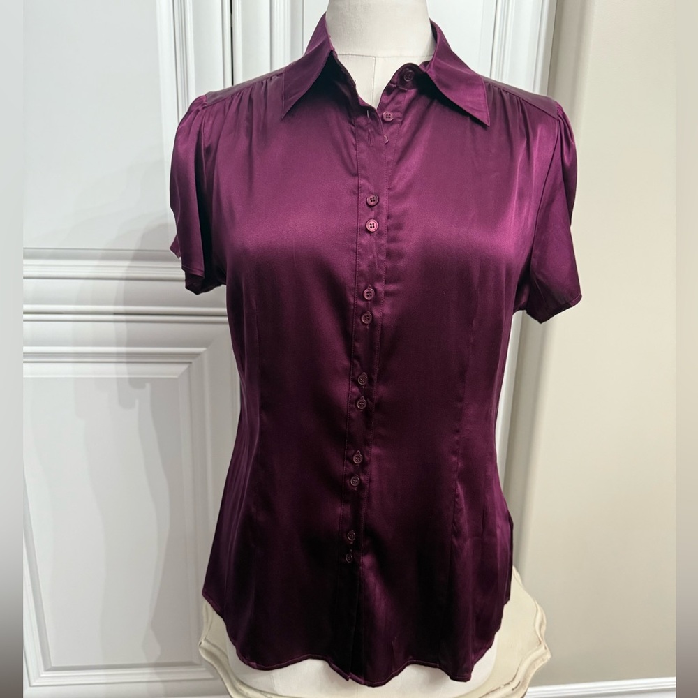 Le Chateau Size Large Purple Short Sleeve Button Down Fitted Silk/Spandex Blouse